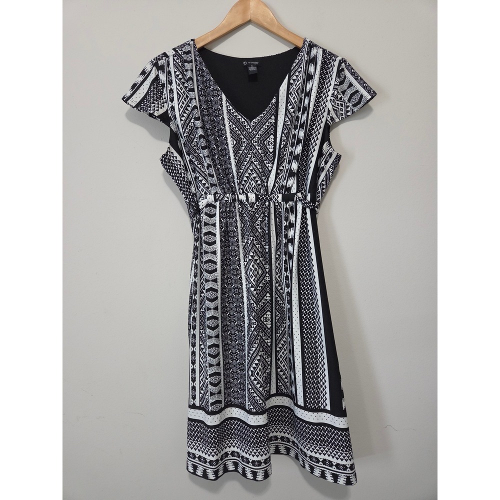 New Directions Petite Black White Geometric Tribal V-Neck Tie‎ Waist Dress PL